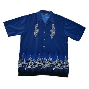 Vintage ODO Men's Short Sleeve Blue Tribal Embroidered Button Front‎ Shirt
